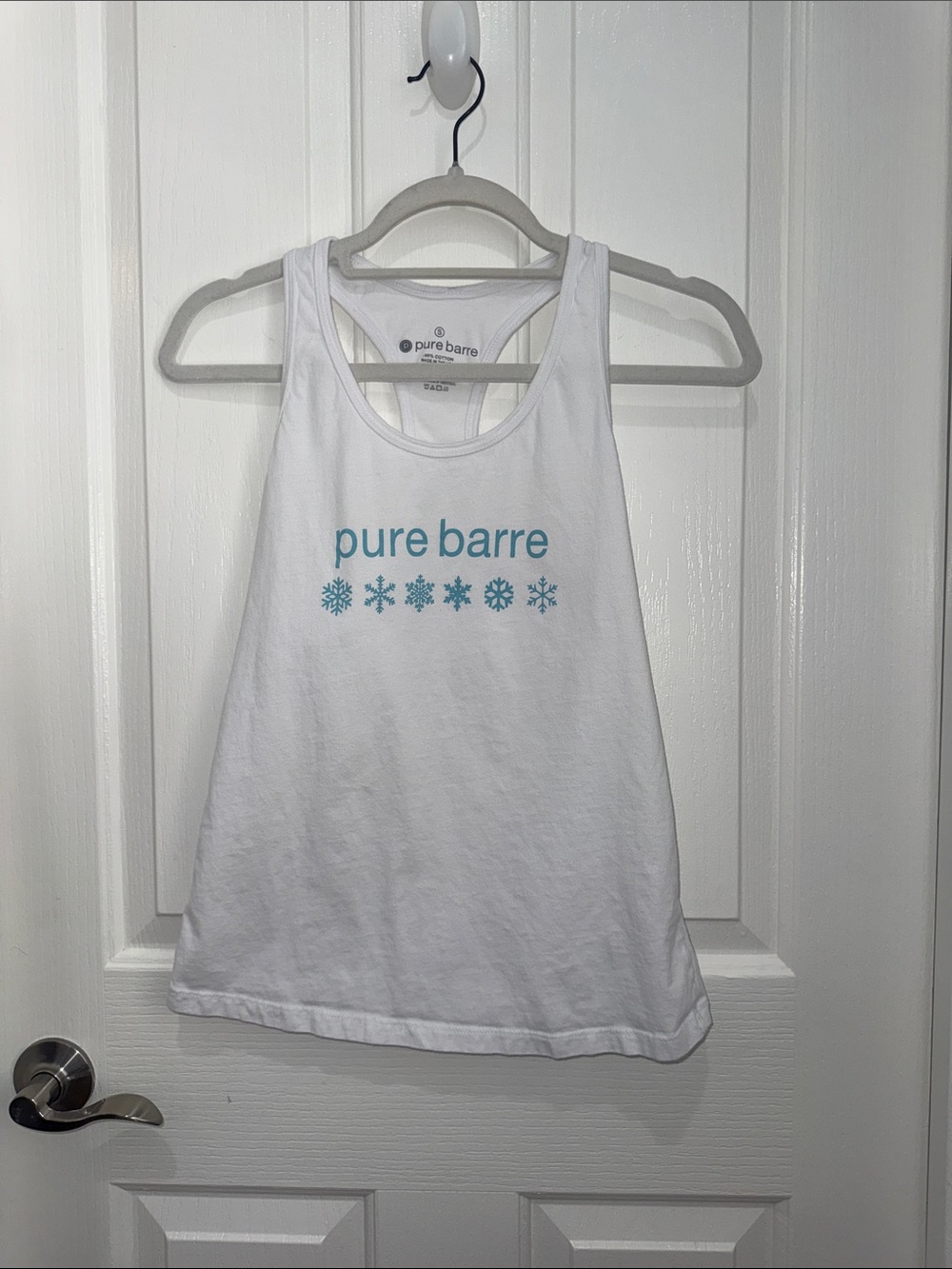 Pure Barre White Tank with Teal Logo and Snowflakes - 100% Cotton - Size Small